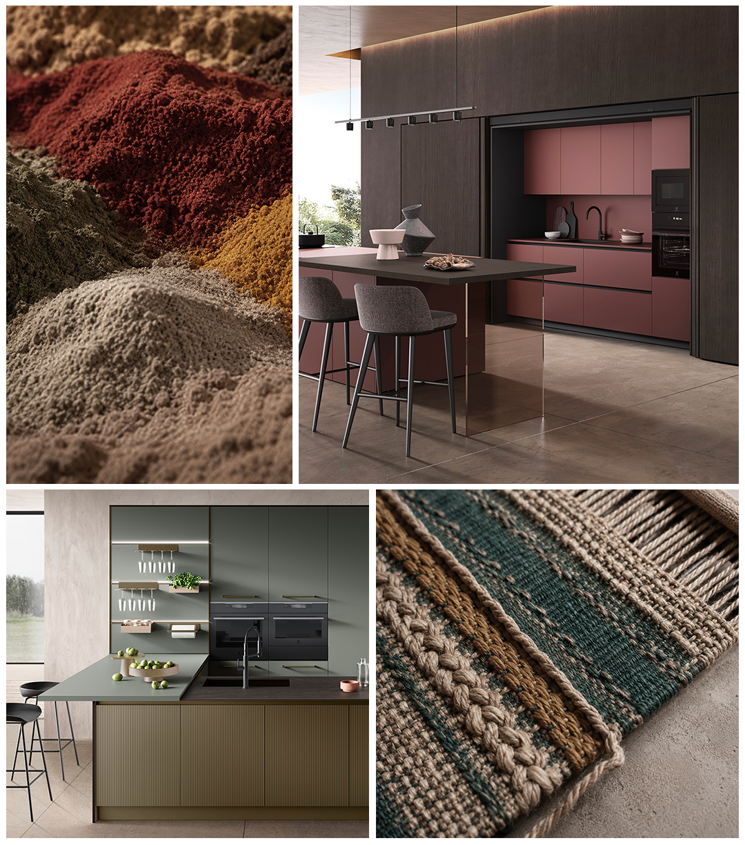 Moodboard Contaminazioni globali con materiali tessili e cucine contemporanee